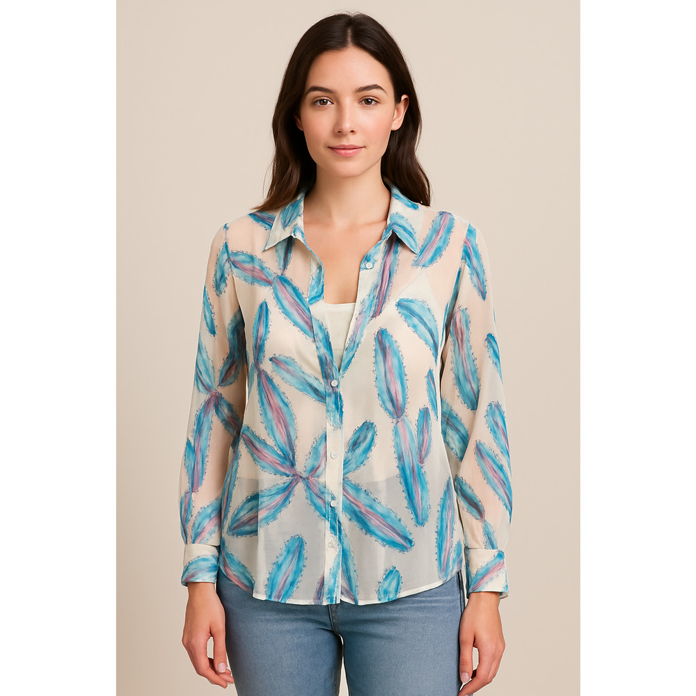 ModCloth Sheer White/Blue Cactus Print Button Down Blouse 4X Lightweight Artsy